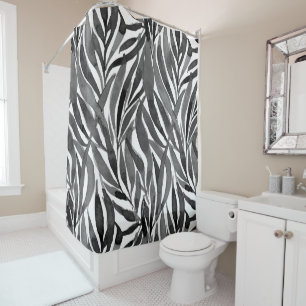 black and white watercolor leaves pattern shower curtain