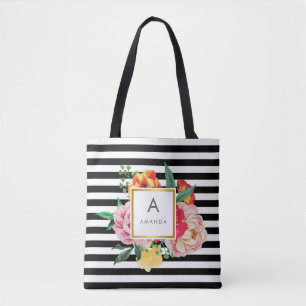 Black and white Watercolor Peony Flowers Monogram Tote Bag