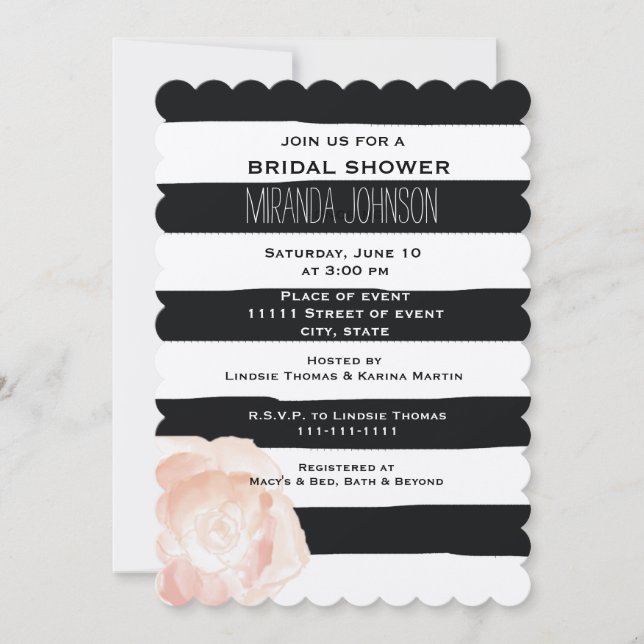 Black and White Watercolor Stripes Rose Invitation (Front)