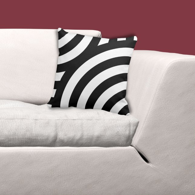 Black and White Wave Pattern Cushion (Geometric Black Nested Quarter Circle Pattern on White Throw Pillow, custom color possible)