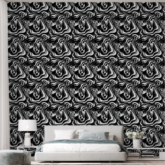 Black And White Wavy Abstract Op Art, Wallpaper (Bedroom)