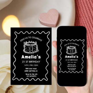 Black and white Wavy Birthday hand drawn cake Invitation