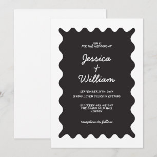 Black and White Wavy Borders Handwritten Wedding  Invitation