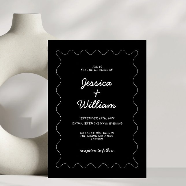 Black and White Wavy Borders Modern Wedding Invitation (Creator Uploaded)