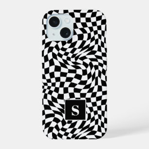 Black and White Wavy Chequered Monogrammed iPhone 15 Case