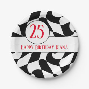 black and white wavy chequered, paper plates