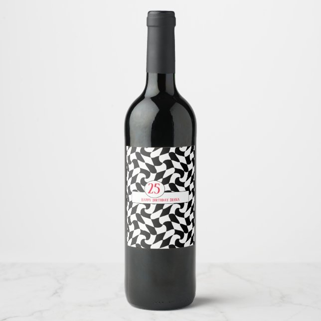 black and white wavy chequered, paper plates wine label (Front)
