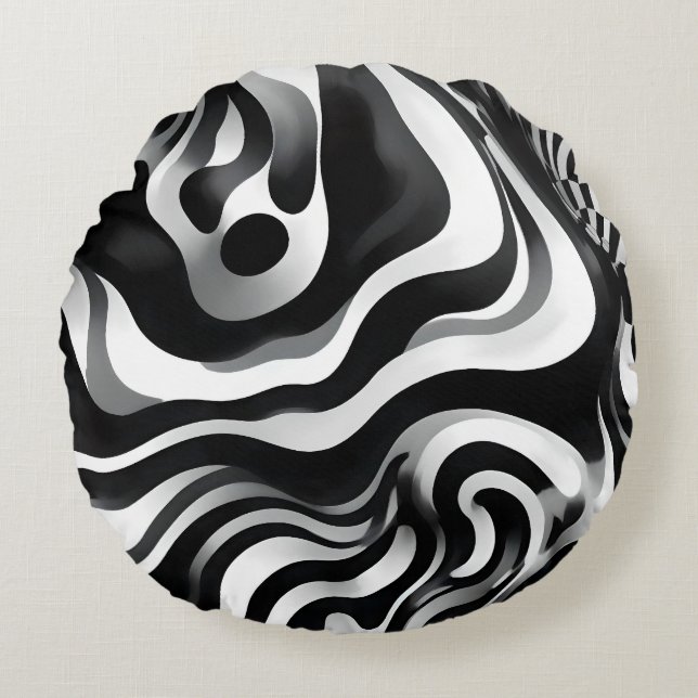 Black And White Wavy Op Art, Round Cushion (Front)