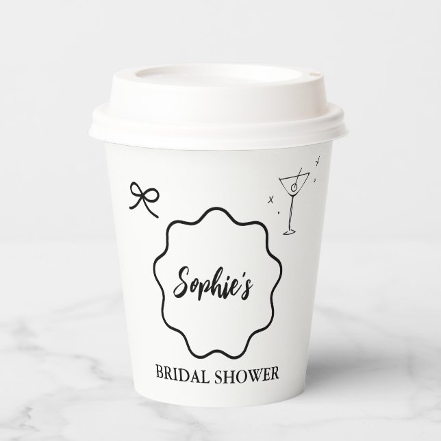 Black and White Wavy Retro Border Bridal Shower Paper Cups (Front)
