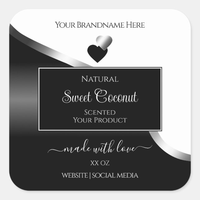 Black and White Wavy Silver Hearts Product Labels (Front)