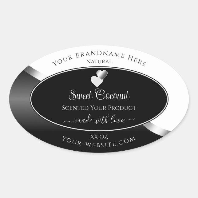 Black and White Wavy Silver Hearts Product Labels (Front)