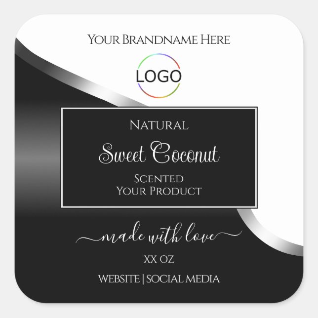Black and White Wavy Silver Logo Product Labels (Front)