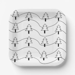 Black and White Wavy Stripe Christmas Tree Pattern Paper Plate