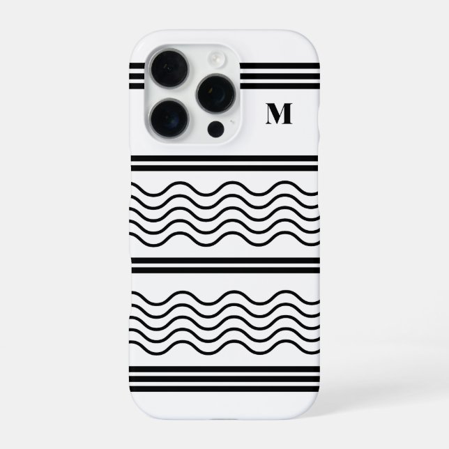 Black and White Wavy Stripes Pattern Monogram iPhone Case (Back)