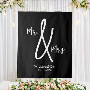 Black and White Wedding Backdrop Mr. & Mrs. Custom Tapestry