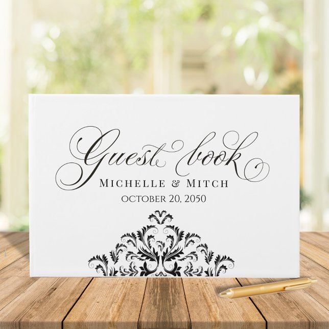 Black and White Wedding Calligraphy Classic Guest Book (Wedding guest book calligraphy script simple black and white)