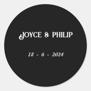 Black and White Wedding Couple's name and Date Classic Round Sticker