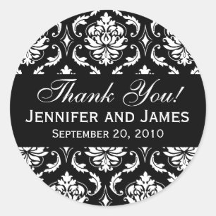 Black and White Wedding Damask Thank You Label