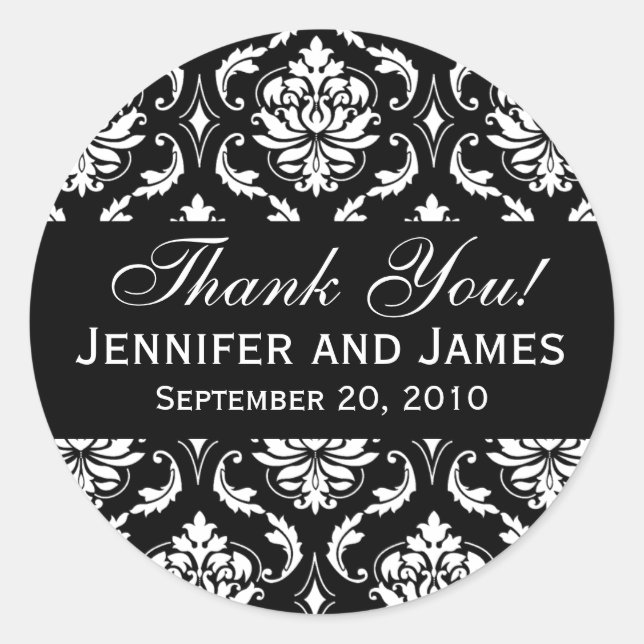 Black and White Wedding Damask Thank You Label (Front)