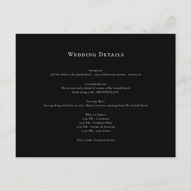 black and white Wedding Details Enclosure Card (Front)
