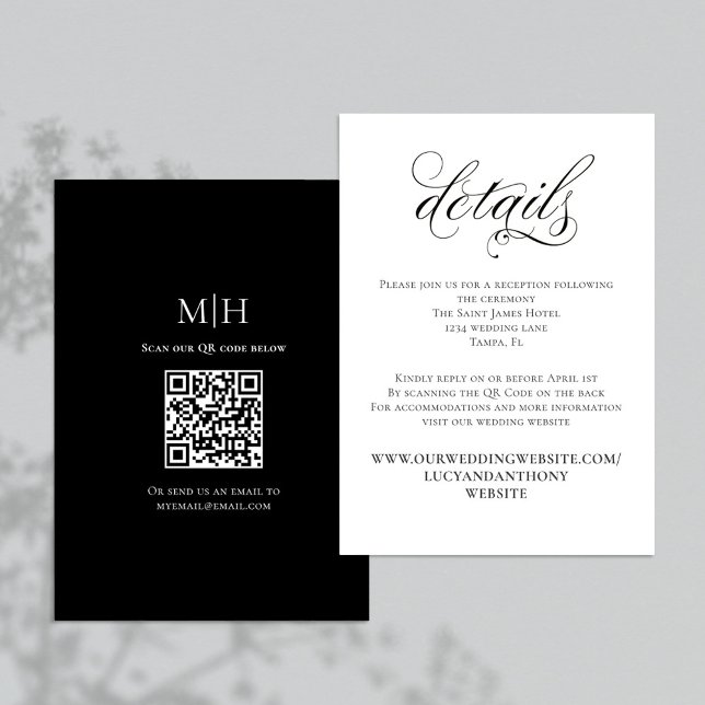Black and White Wedding Details QR Code RSVP  Enclosure Card (Black and White calligraphy script enclosure card with scannable QR Code. )