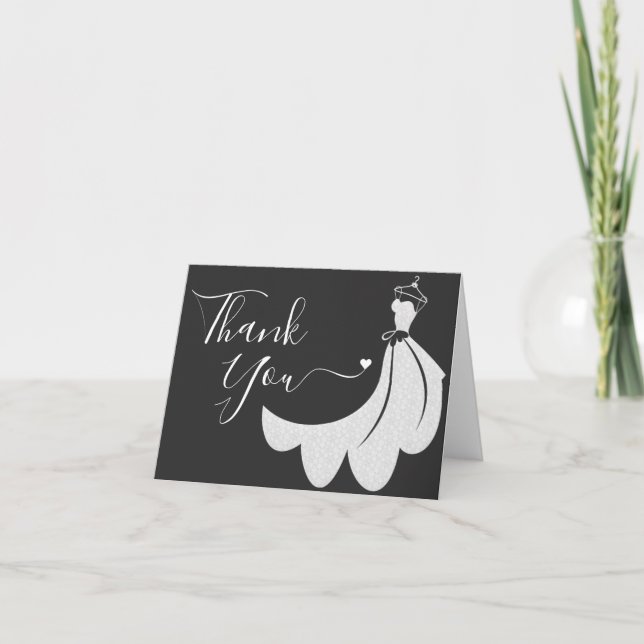 Black and White Wedding Dress Bridal Shower Thank You Card (Front)