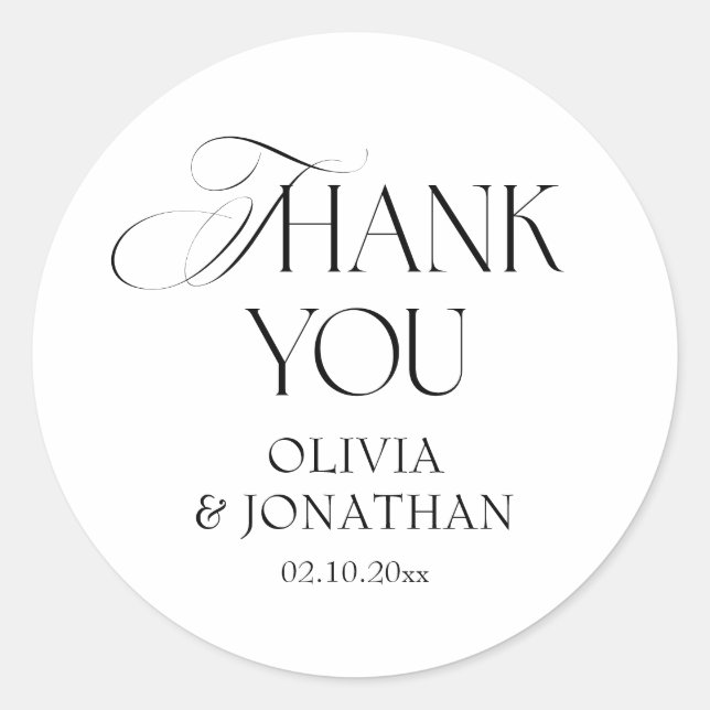 Black and White Wedding Favor Thank You Classic Round Sticker (Front)