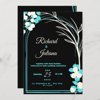 Black and white wedding invitation with blue flowe