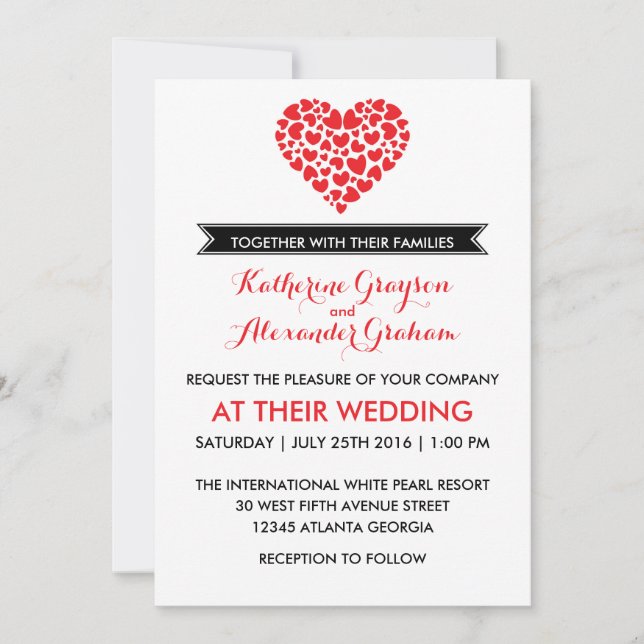 Black and White Wedding Invitation with Red Heart (Front)