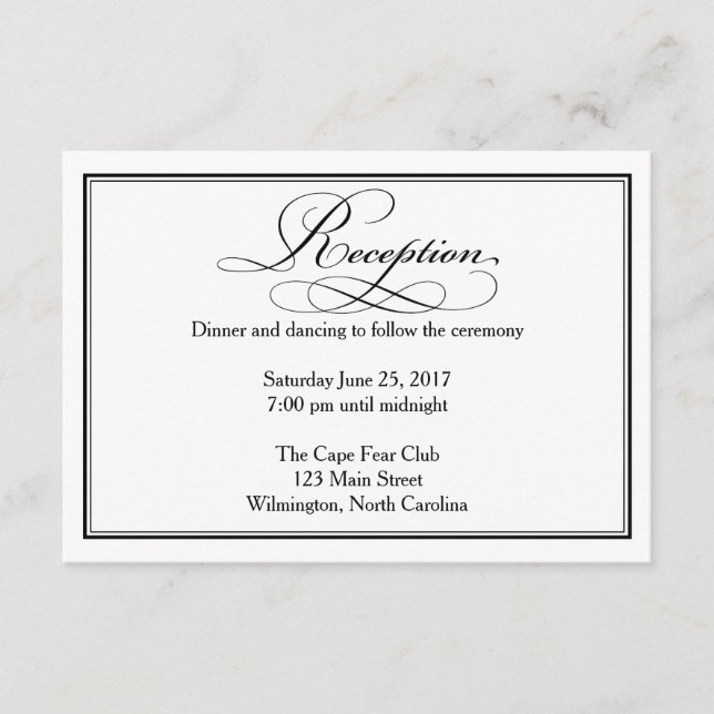 Black and White Wedding Reception Details Card (Front)