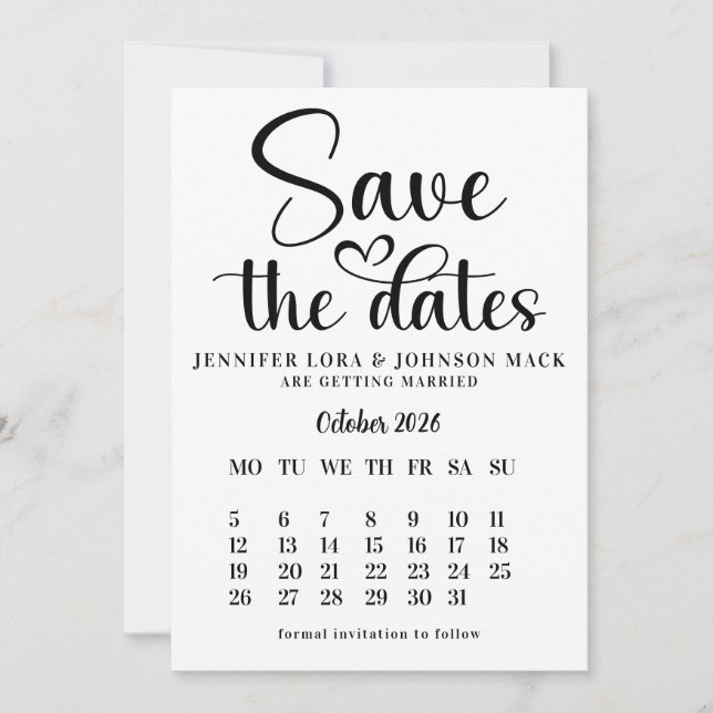 black and white wedding save the dates Calendar  Invitation (Front)