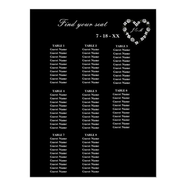 Black and White Wedding Seating Chart 8 Tables (Front)