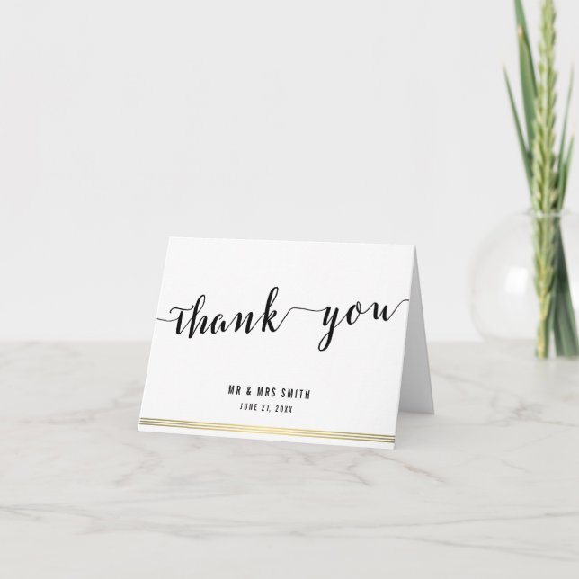 Black And White Wedding Thank You Cards Gold Lines (Front)