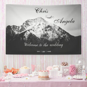 Black and white wedding under the mountains banner