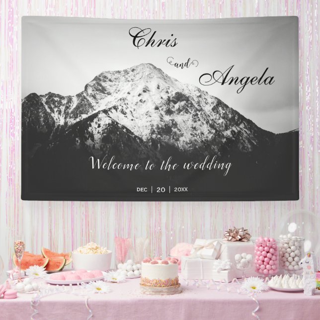 Black and white wedding under the mountains banner (Party)