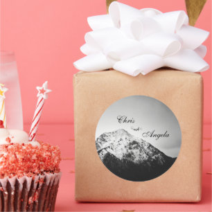 Black and white wedding under the mountains classic round sticker