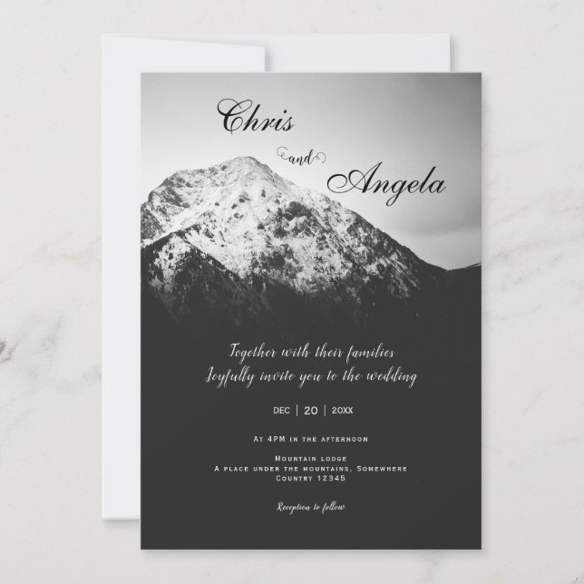 Black and white wedding under the mountains invitation (Front)