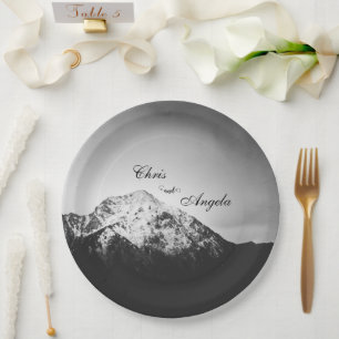 Black and white wedding under the mountains paper plate