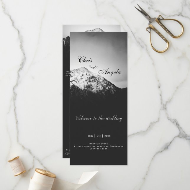 Black and white wedding under the mountains programme (Front/Back In Situ)