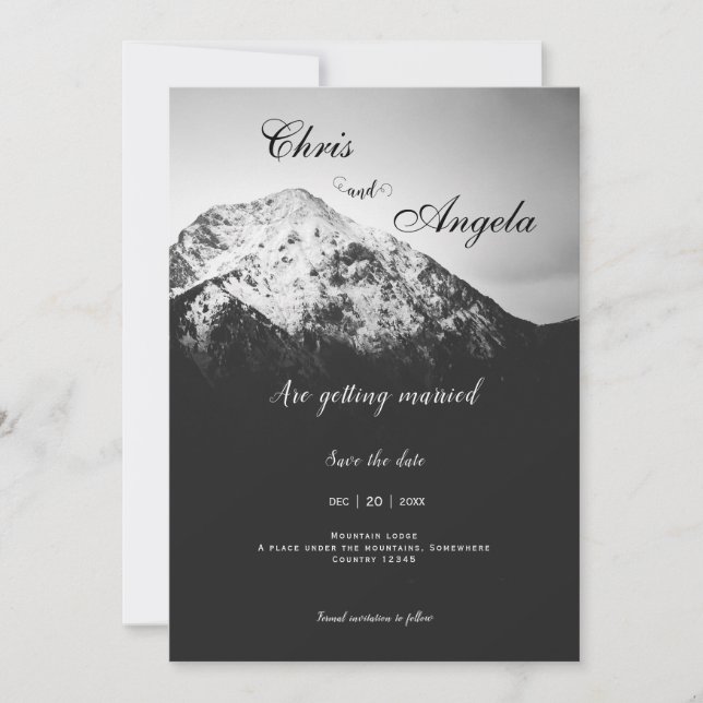 Black and white wedding under the mountains save the date (Front)