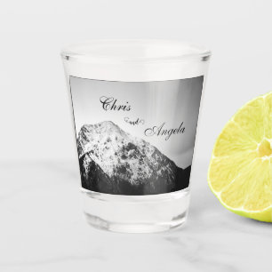 Black and white wedding under the mountains shot glass