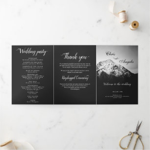 Black and white wedding under the mountains Tri-Fold programme