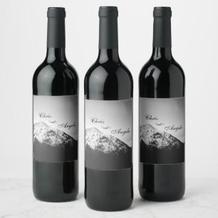 Black and white wedding under the mountains wine label