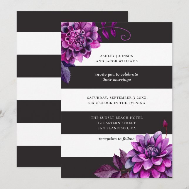 Black and white wedding. Watercolor purple floral Invitation (Front/Back)