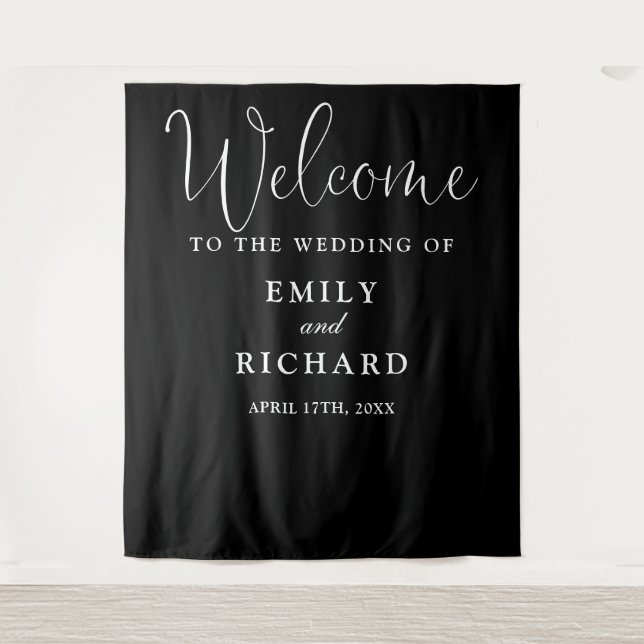 Black And White Wedding Welcome Photo Backdrop Tapestry (Front)