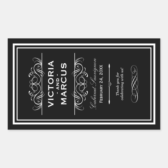 Black and White Wedding Wine Bottle Monogram Favou Rectangular Sticker (Front)