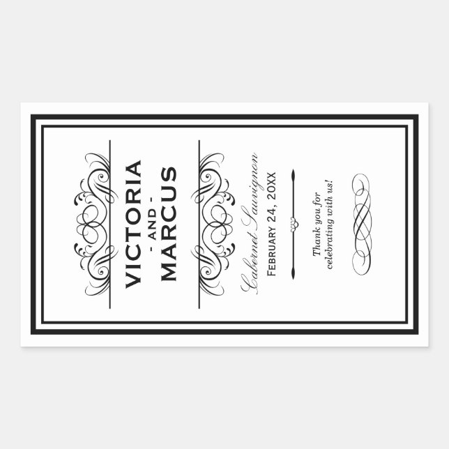 Black and White Wedding Wine Bottle Monogram Favou Rectangular Sticker (Front)