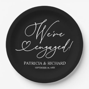 Black And White We're Engaged Engagement Party Paper Plate