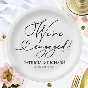 Black And White We're Engaged Engagement Party Paper Plate