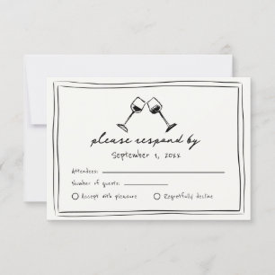 Black and White Whimsical Hand Drawn Wine Wedding RSVP Card